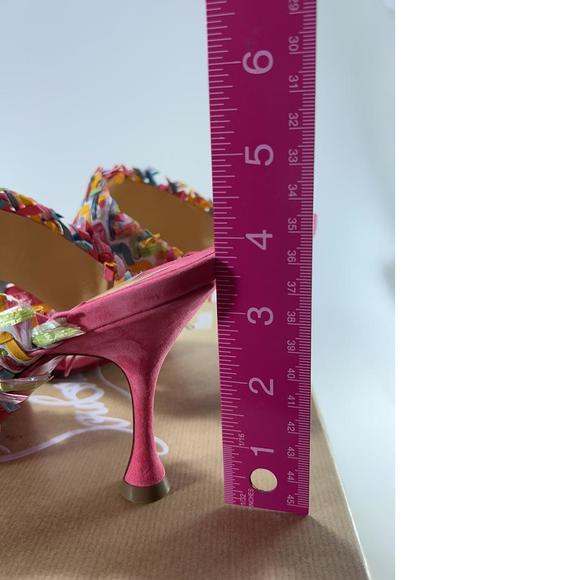 Meroine Pink Rainbow Woven 85mm raffia fringe heels mules D972 - Picture 5 of 11